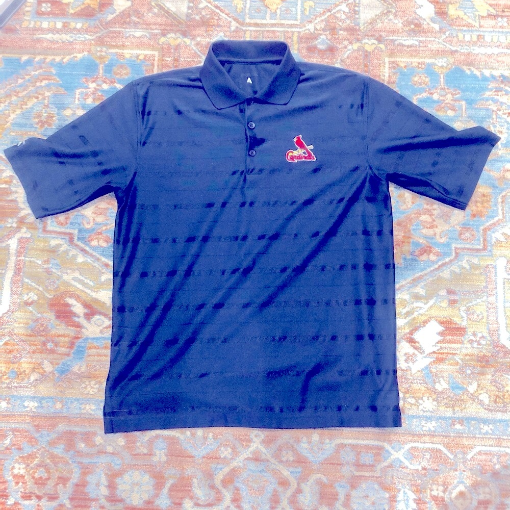 St Louis Cardinals Polo Shirt MENS Medium Antigua Navy Striped Polyester